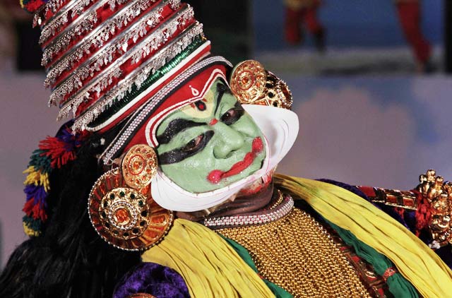 A Kathakali artiste from Kerala performs at a Kerala tourism promotion event in Calcutta
